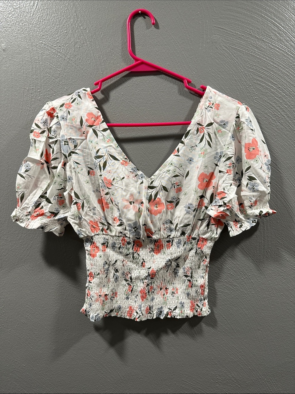 Lee White Floral Smocked Crop Top with Coral Print